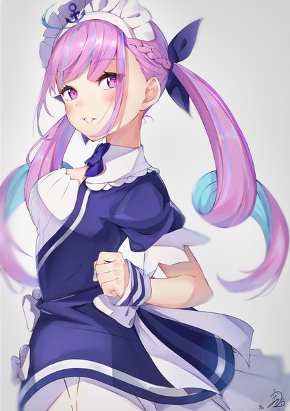 Anime picture 1076x1522 with virtual youtuber hololive minato aqua minato aqua (1st costume) auui single long hair tall image looking at viewer blush simple background purple eyes twintails payot purple hair ahoge parted lips multicolored hair grey background streaked hair