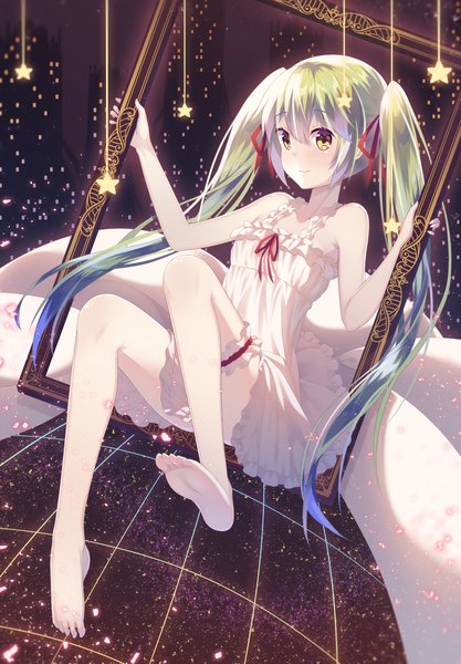 Anime picture 1400x2016 with vocaloid hatsune miku natsu97 single long hair tall image looking at viewer blush fringe smile hair between eyes sitting twintails bare shoulders green eyes full body bent knee (knees) barefoot green hair sleeveless