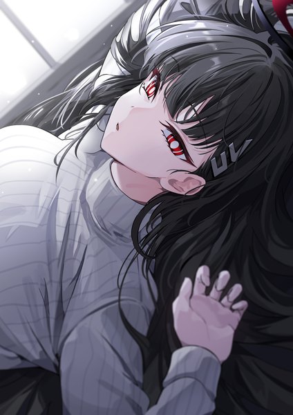 Anime picture 3820x5403 with blue archive rio (blue archive) yuki (asayuki101) single long hair tall image looking at viewer fringe highres open mouth black hair red eyes absurdres upper body lying blunt bangs long sleeves arms up on back girl