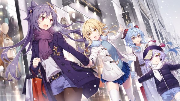 Anime picture 1778x1000 with genshin impact ganyu (genshin impact) keqing (genshin impact) lumine (genshin impact) qiqi (genshin impact) gabiran long hair blush fringe highres open mouth blonde hair smile wide image multiple girls yellow eyes blue hair looking away purple hair ahoge