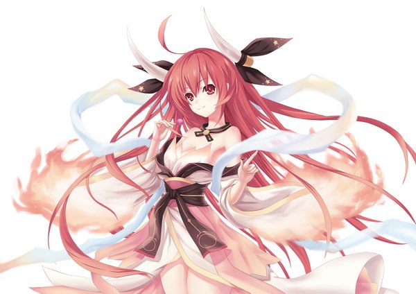 Anime picture 1600x1131 with date a live itsuka kotori single long hair red eyes white background ahoge red hair horn (horns) girl dress detached sleeves fire lollipop shawl