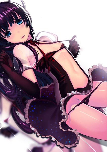 Anime picture 1075x1520 with fiodo single long hair tall image looking at viewer open mouth blue eyes light erotic black hair purple hair light smile flat chest panty pull crying girl gloves navel underwear panties elbow gloves