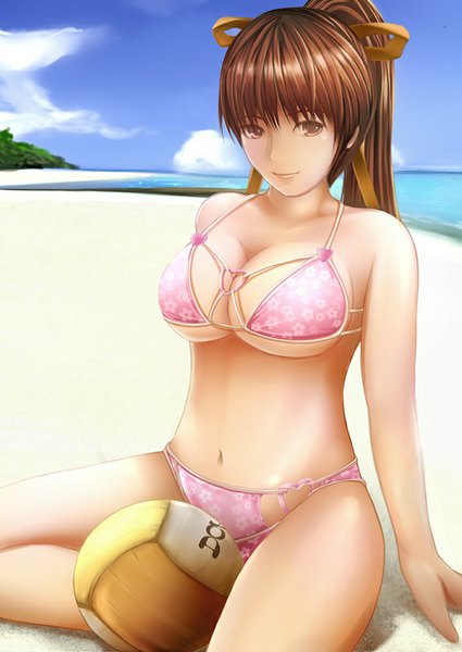 Anime picture 708x1000 with dead or alive kasumi (doa) nannacy7 long hair tall image breasts light erotic brown hair large breasts brown eyes ponytail beach girl ribbon (ribbons) swimsuit hair ribbon bikini sea ball beachball