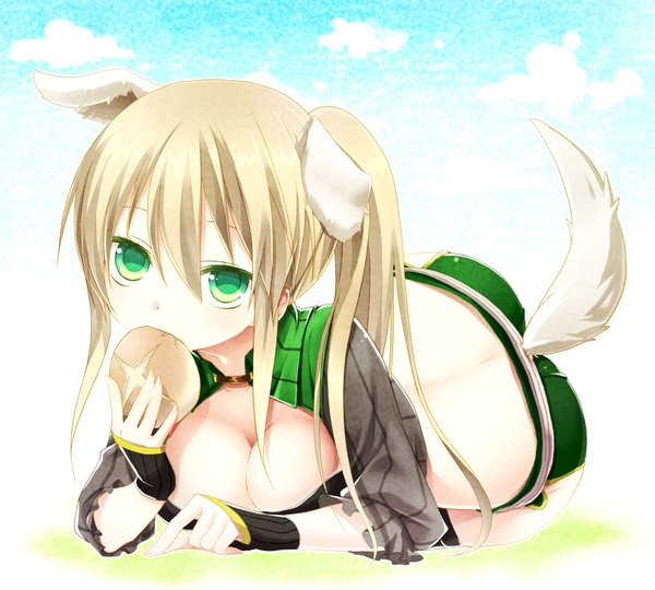 Anime picture 1000x900 with fantasy earth kuu (0427) single long hair looking at viewer breasts light erotic blonde hair green eyes animal ears animal tail eating girl