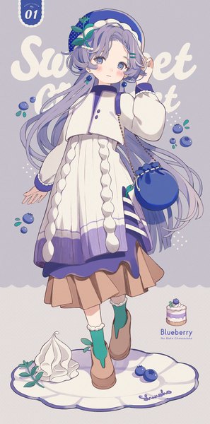 Anime picture 1464x2956 with original shiraho (color-56) single tall image looking at viewer blush purple eyes purple hair full body very long hair girl earrings food bobby pin bag beret berry (berries) cream bilberry