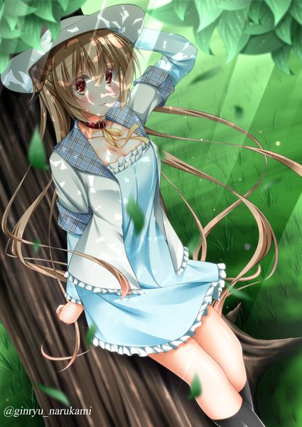 Anime picture 2149x3035 with kantai collection murasame destroyer narukami ginryuu single long hair tall image looking at viewer blush highres red eyes brown hair twintails girl plant (plants) hat tree (trees) socks leaf (leaves) black socks sundress