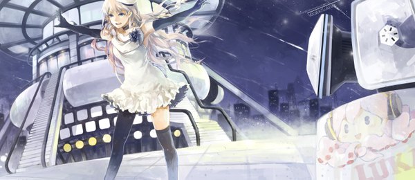Anime picture 1360x591 with vocaloid megurine luka takoluka aocean single long hair blue eyes wide image pink hair night city spread arms girl thighhighs dress gloves black thighhighs elbow gloves stairs monitor
