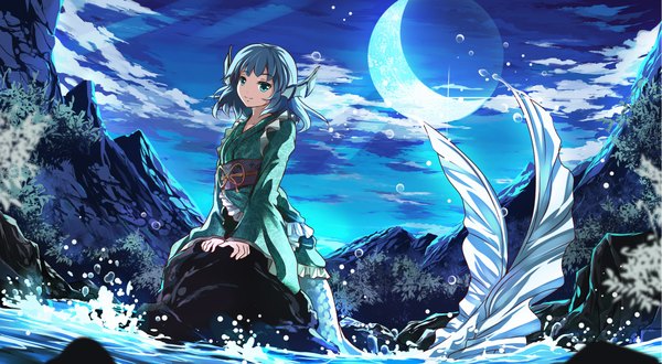 Anime picture 2274x1254 with touhou wakasagihime risutaru single long hair highres wide image sky cloud (clouds) traditional clothes japanese clothes light smile aqua hair crescent girl plant (plants) water kimono moon stone (stones)