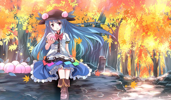 Anime picture 2136x1254 with touhou hinanawi tenshi risutaru single long hair looking at viewer blush fringe highres wide image sitting holding blue hair full body outdoors pink eyes wind frilly skirt autumn girl