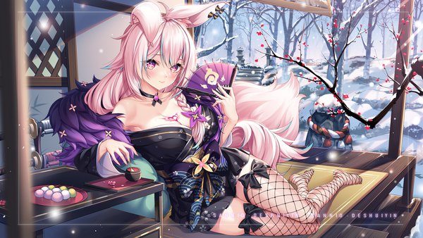 Anime picture 1920x1080 with original sannio single long hair looking at viewer blush fringe highres breasts light erotic hair between eyes wide image large breasts sitting holding signed animal ears pink hair cleavage full body