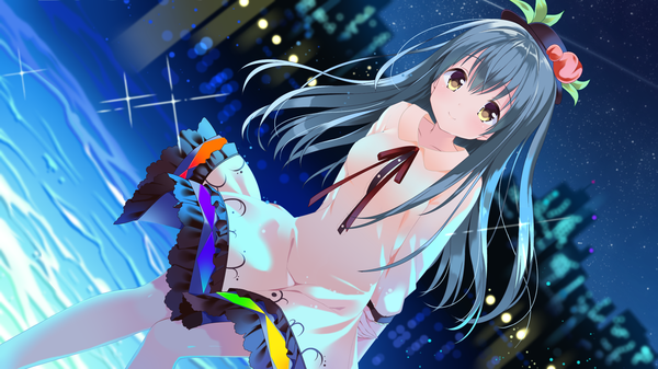 Anime picture 1920x1080 with touhou hinanawi tenshi houkiboshi single long hair looking at viewer blush fringe highres breasts smile hair between eyes wide image yellow eyes sky blurry night dutch angle night sky light