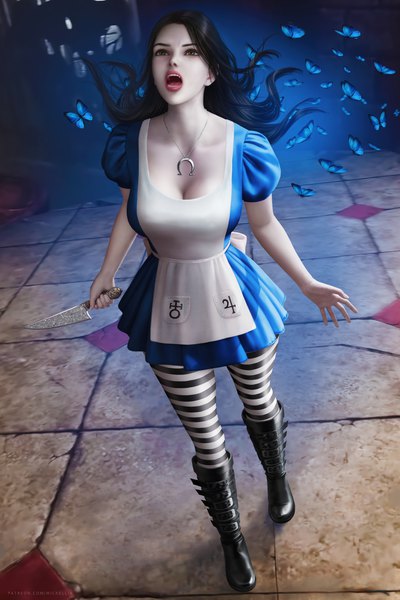 Anime picture 5000x7500 with american mcgee's alice (game) alice: madness returns alice (american mcgee's) wickellia single long hair tall image fringe highres breasts open mouth black hair large breasts standing holding green eyes looking away absurdres full body from above