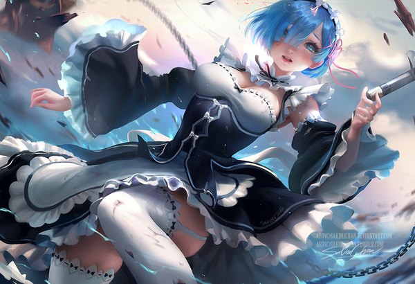Anime picture 1000x684 with re:zero kara hajimeru isekai seikatsu white fox rem (re:zero) sakimichan single looking at viewer blush fringe short hair breasts open mouth blue eyes light erotic large breasts standing signed blue hair sky cleavage cloud (clouds)