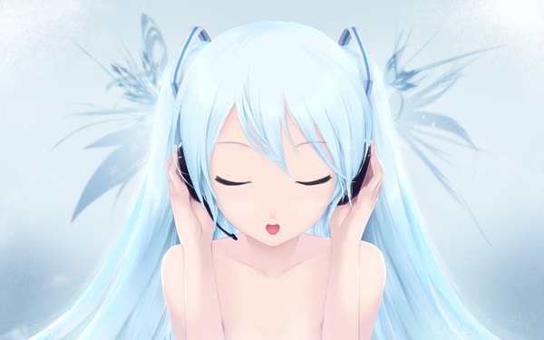 Anime picture 1600x1000 with vocaloid last night good night (vocaloid) hatsune miku cait single long hair looking at viewer fringe open mouth simple background wide image twintails bare shoulders upper body eyes closed aqua hair blue background girl headphones headset