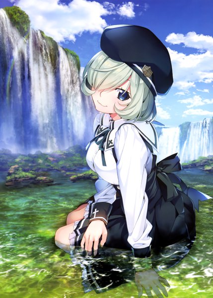 Anime picture 4078x5697 with grisaia phantom trigger nyantype kumashiro megumi watanabe akio single tall image looking at viewer fringe highres short hair blue eyes absurdres sky cloud (clouds) green hair hair over one eye official art partially submerged waterfall girl