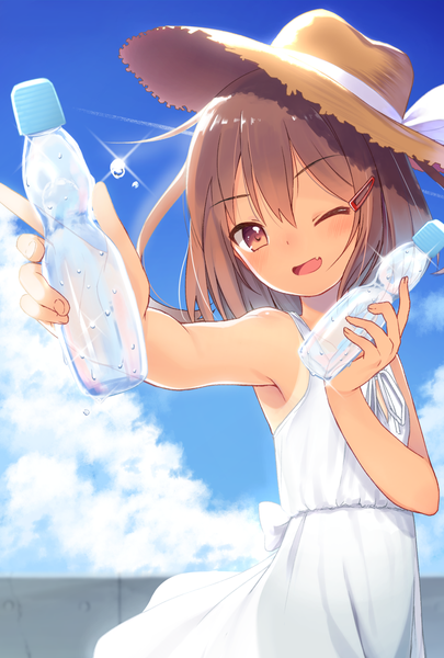 Anime picture 1378x2039 with kantai collection ikazuchi destroyer dx (dekusu) single tall image fringe short hair open mouth hair between eyes brown hair standing brown eyes sky cloud (clouds) one eye closed fang (fangs) sleeveless outstretched arm ;d summer
