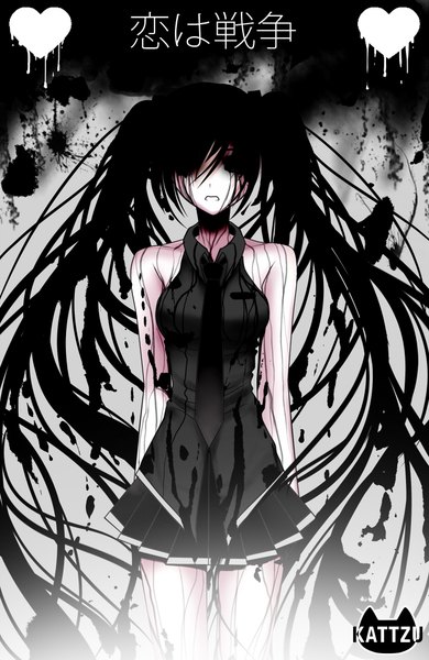 Anime picture 650x1000 with vocaloid hatsune miku kattzu single long hair tall image fringe black hair standing twintails bare shoulders pleated skirt girl skirt necktie