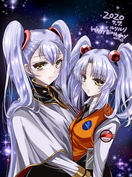 Anime picture 768x1024 with martian successor nadesico xebec hoshino ruri mktr (princess mktr) long hair tall image looking at viewer blush fringe smile hair between eyes twintails multiple girls signed yellow eyes payot silver hair hug dated happy birthday