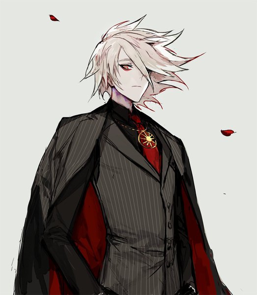 Anime picture 800x918 with fate (series) fate/apocrypha karna (fate) mo (mocopo) single tall image fringe short hair yellow eyes silver hair upper body wind hair over one eye looking down clothes on shoulders formal boy petals pendant