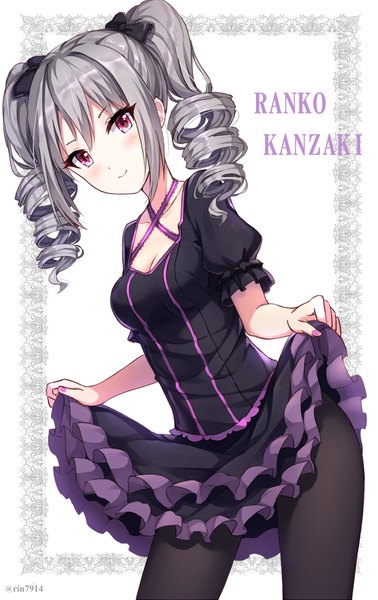 Anime picture 740x1172 with idolmaster idolmaster cinderella girls kanzaki ranko rin yuu single long hair tall image looking at viewer blush fringe breasts simple background smile hair between eyes standing white background twintails signed payot cleavage