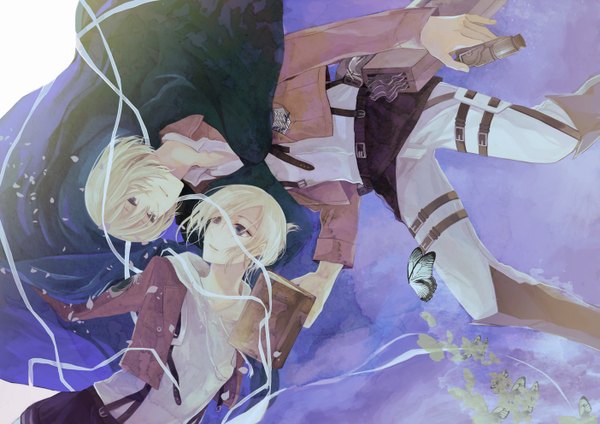 Anime picture 1403x992 with shingeki no kyojin production i.g annie leonhart armin arlert yucco short hair blonde hair couple jumping upside down rotational symmetry girl boy uniform book (books) insect butterfly cape cloak