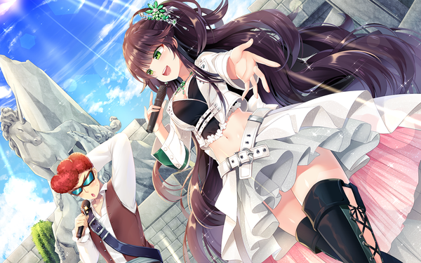 Anime picture 1920x1200 with mabinogi mvv blush highres open mouth black hair green eyes cloud (clouds) outdoors ponytail red hair very long hair :d hair flower sunlight sparkle from below midriff dutch angle outstretched arm