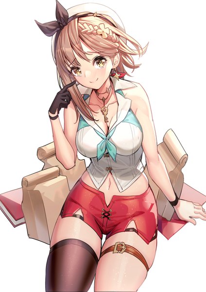 Anime picture 849x1200 with atelier (series) atelier ryza gust (company) reisalin stout ririko (zhuoyandesailaer) single tall image looking at viewer blush fringe short hair breasts simple background smile brown hair large breasts white background sitting bare shoulders brown eyes