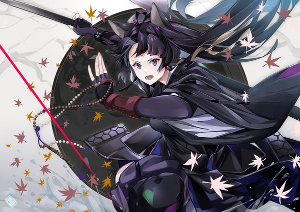 Anime picture 1800x1274 with arknights saga (arknights) cno single highres open mouth black hair purple eyes animal ears looking away very long hair :d forehead mark dog ears girl gloves fingerless gloves leaf (leaves) beads maple leaf