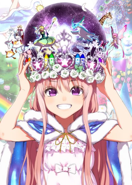 Anime picture 802x1121 with original kawakami rokkaku long hair tall image looking at viewer smile purple eyes pink hair fairy girl dress animal insect butterfly cat crown rainbow giraffe