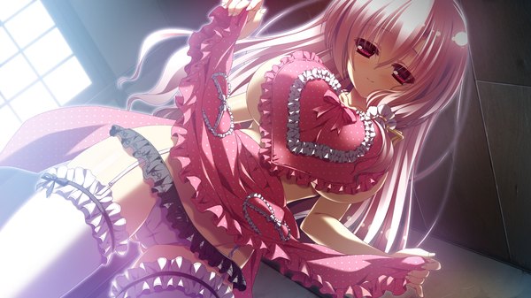 Anime picture 2560x1440 with 12 no tsuki no eve shiina mizuka single long hair looking at viewer blush highres breasts light erotic smile red eyes wide image large breasts game cg silver hair nearly naked apron girl thighhighs underwear panties