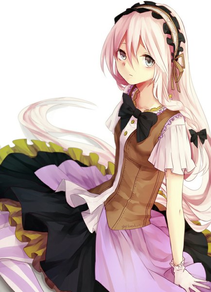 Anime picture 723x1000 with vocaloid ia (vocaloid) yuji kazakiri single tall image looking at viewer blue eyes white background pink hair very long hair girl dress gloves bow hair bow white gloves headdress bowtie
