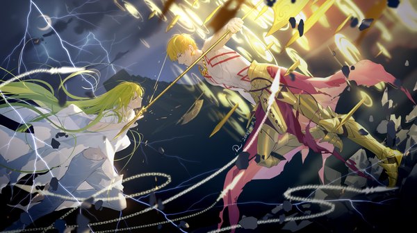 Anime picture 2000x1122 with fate (series) fate/grand order gilgamesh (fate) enkidu (fate) rrr (reason) highres short hair blonde hair smile red eyes wide image very long hair profile green hair multiple boys tattoo torn clothes topless crescent battle