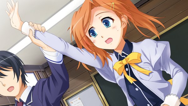 Anime picture 1024x576 with yukiiro blush short hair open mouth blue eyes wide image twintails game cg orange hair short twintails girl boy uniform school uniform