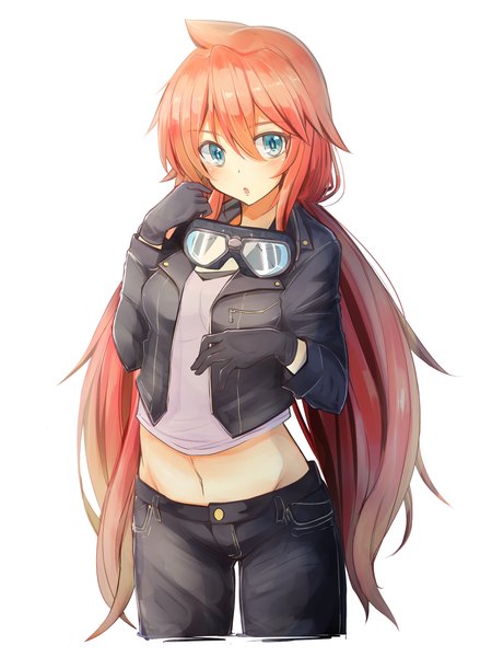 Anime picture 1200x1600 with original amano tora kazenoko single long hair tall image blush fringe open mouth blue eyes simple background hair between eyes standing white background twintails looking away open jacket bare belly :o midriff