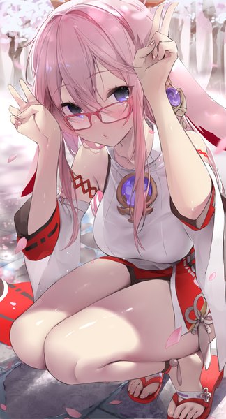 Anime picture 1896x3508 with genshin impact yae miko daefny single long hair tall image looking at viewer blush fringe highres breasts hair between eyes purple eyes bare shoulders pink hair full body bent knee (knees) traditional clothes japanese clothes fingernails