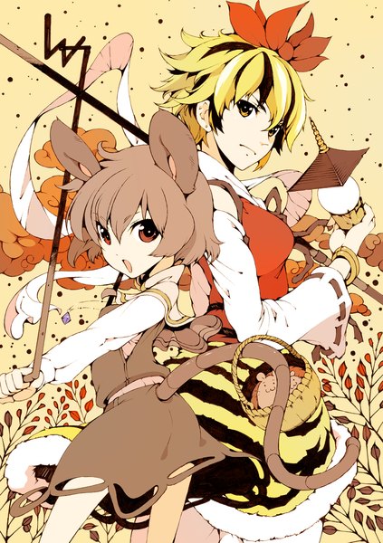 Anime picture 1748x2480 with touhou nazrin toramaru shou ichizen (o tori) tall image highres short hair open mouth blonde hair red eyes multiple girls animal ears animal tail miko girl bow 2 girls hair bow bracelet lamp