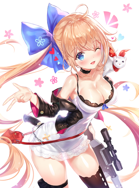 Anime-Bild 1200x1626 mit girls frontline fal (girls frontline) narae single long hair tall image looking at viewer blush breasts blue eyes light erotic simple background blonde hair large breasts white background cleavage ahoge ponytail one eye closed wink