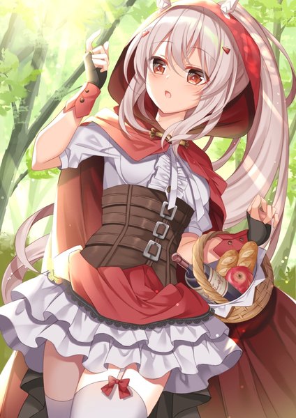 Anime picture 1100x1556 with little red riding hood azur lane ayanami (azur lane) little red riding hood (character) sugisaki yuu single long hair tall image fringe open mouth hair between eyes red eyes standing payot looking away silver hair outdoors ponytail very long hair arm up