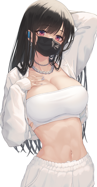 Anime picture 2216x4272 with original makamati single long hair tall image looking at viewer blush fringe highres breasts light erotic black hair simple background red eyes large breasts standing white background cleavage blunt bangs long sleeves