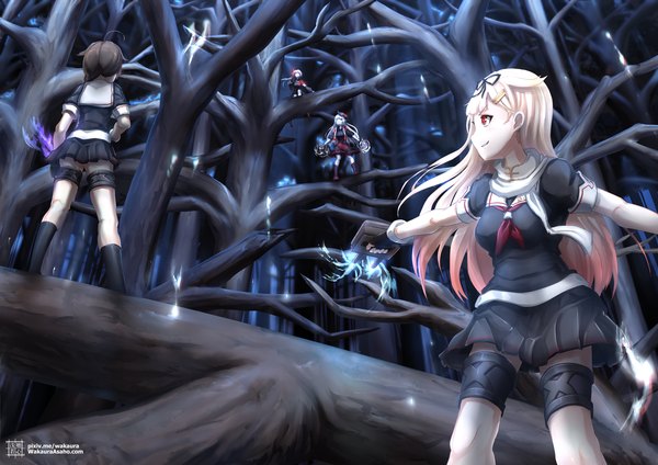 Anime picture 2339x1654 with kantai collection tagme (character) shigure destroyer yuudachi destroyer wakaura asaho long hair highres short hair blonde hair smile red eyes brown hair standing multiple girls signed ahoge outdoors pleated skirt short sleeves outstretched arm