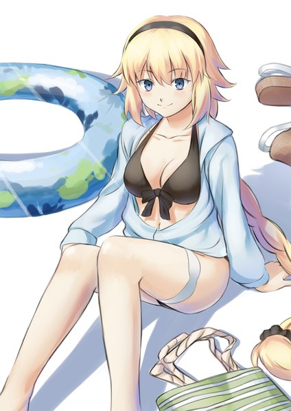 Anime picture 990x1400 with fate (series) fate/grand order jeanne d'arc (fate) (all) jeanne d'arc (swimsuit archer) kisama ya single tall image blush breasts blue eyes light erotic blonde hair white background sitting braid (braids) very long hair light smile arm support shadow single braid
