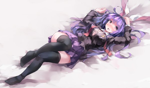 Anime picture 1500x888 with touhou reisen udongein inaba huanxiang huifeng single long hair blush open mouth light erotic wide image purple eyes purple hair lying bunny ears legs girl thighhighs skirt black thighhighs miniskirt