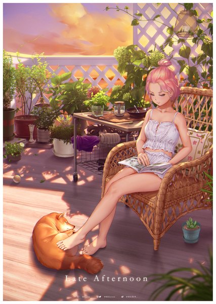 Anime picture 1425x2000 with original bigxixi single tall image blush short hair breasts blue eyes sitting bare shoulders signed pink hair sky cloud (clouds) bent knee (knees) outdoors barefoot sunlight bare legs shadow