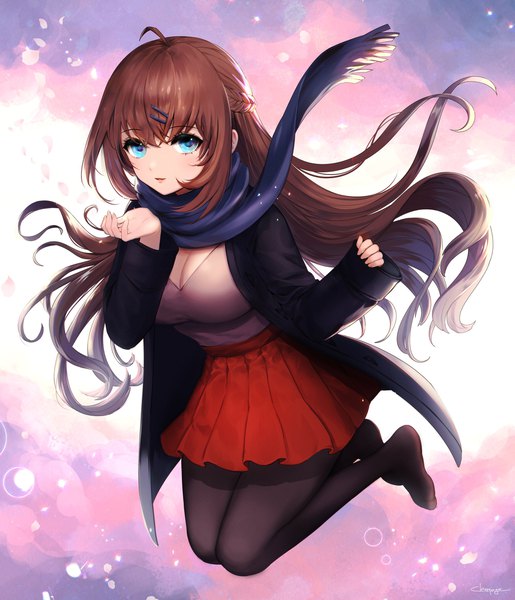 Anime picture 2000x2330 with original clearpage single long hair tall image looking at viewer blush fringe highres breasts blue eyes hair between eyes brown hair large breasts signed payot cleavage full body ahoge bent knee (knees)