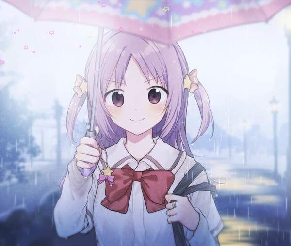 Anime picture 1000x848 with mahou shoujo madoka magica magia record: mahou shoujo madoka magica gaiden shaft (studio) misono karin boyano single long hair looking at viewer blush fringe smile standing purple eyes holding payot purple hair upper body outdoors long sleeves two side up
