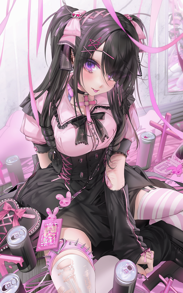 Anime picture 3739x6000 with original violeta (unxi) unxi single long hair tall image looking at viewer blush fringe highres black hair sitting purple eyes twintails payot absurdres indoors blunt bangs long sleeves nail polish