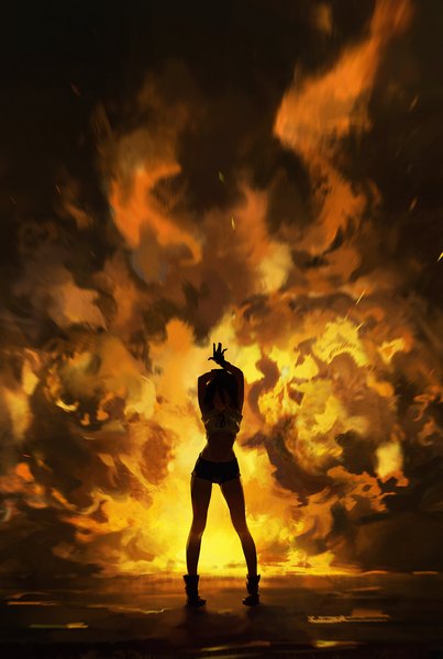 Anime picture 1500x2235 with chainsaw man mappa reze (chainsaw man) dino (dinoartforame) single tall image fringe short hair black hair hair between eyes standing full body eyes closed arms up explosion girl navel shorts boots short shorts