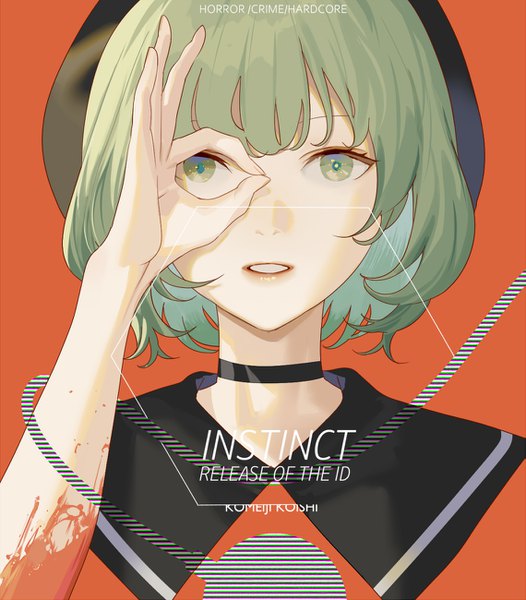 Anime picture 1139x1300 with touhou komeiji koishi hillly (maiwetea) single tall image looking at viewer short hair green eyes upper body parted lips green hair red background ok sign girl choker blood