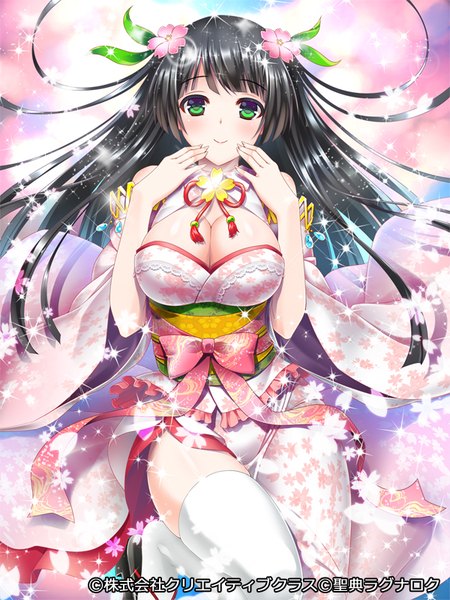 Anime picture 600x800 with seiten ragnarok pochadon single long hair tall image looking at viewer blush breasts light erotic black hair smile green eyes girl thighhighs dress hair ornament flower (flowers) white thighhighs