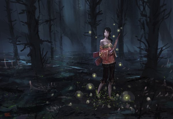 Anime picture 1100x758 with original paberu (pixiv) long hair black hair pointy ears girl plant (plants) earrings tree (trees) forest musical instrument candle (candles) flute